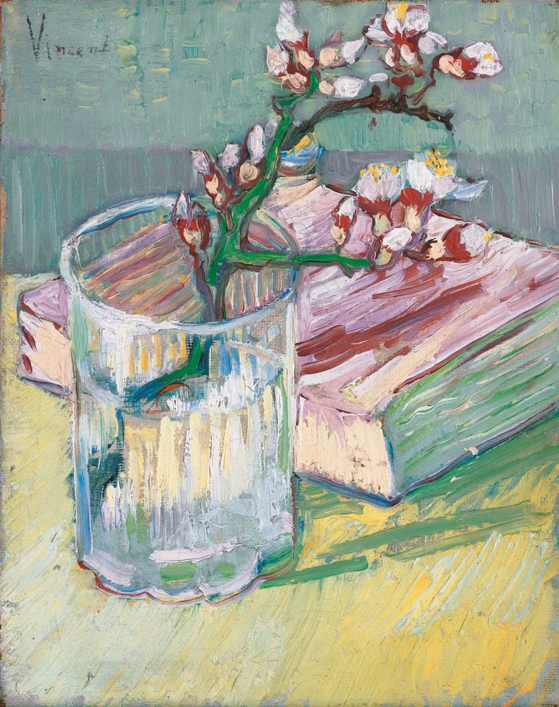  230-Vincent van Gogh-Ramo di mandorlo in fiore in un bicchiere con un libro, 1888 